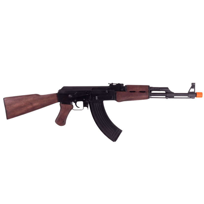AK-47 Assault Rifle Replica made of metal and wood with a simulated gas-piston action, removable curved magazine, and detachable parts. (Capped Muzzle)