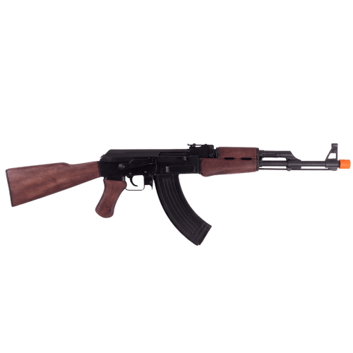 AK-47 Assault Rifle Replica made of metal and wood with a simulated gas-piston action, removable curved magazine, and detachable parts. (Capped Muzzle)