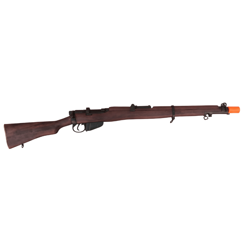 Lee-Enfield SMLE MK III wooden-stocked replica rifle with a dark brown stock and forend, black metal receiver and trigger components, and a bright orange tip at the muzzle. (Capped Muzzle)