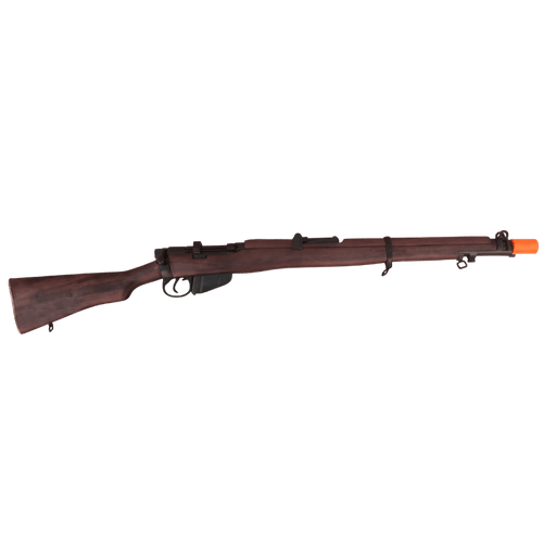 Lee-Enfield SMLE MK III wooden-stocked replica rifle with a dark brown stock and forend, black metal receiver and trigger components, and a bright orange tip at the muzzle. (Capped Muzzle)