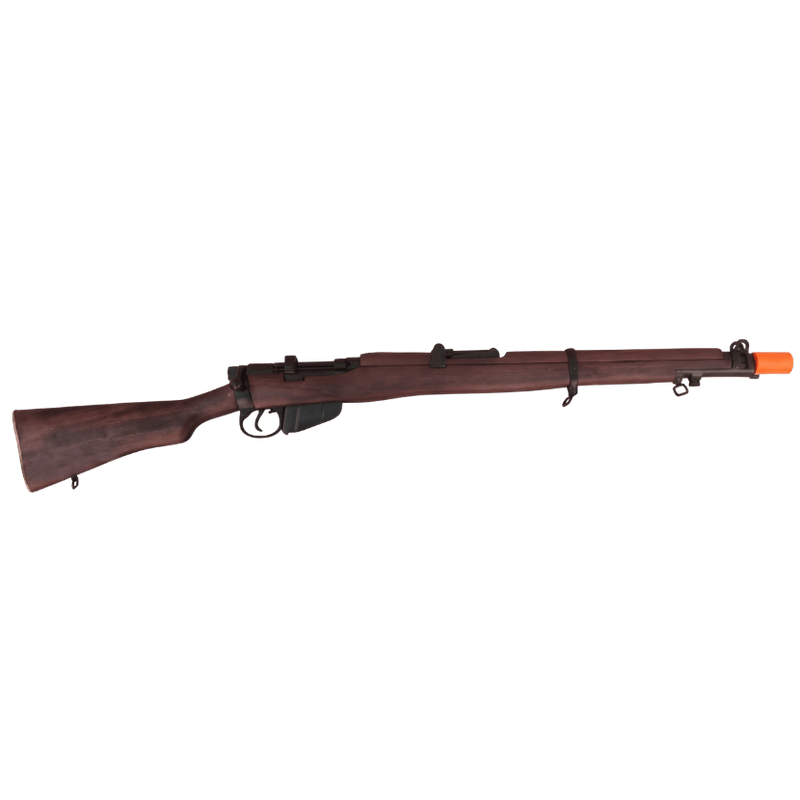 Lee-Enfield SMLE MK III wooden-stocked replica rifle with a dark brown stock and forend, black metal receiver and trigger components, and a bright orange tip at the muzzle. (Capped Muzzle)