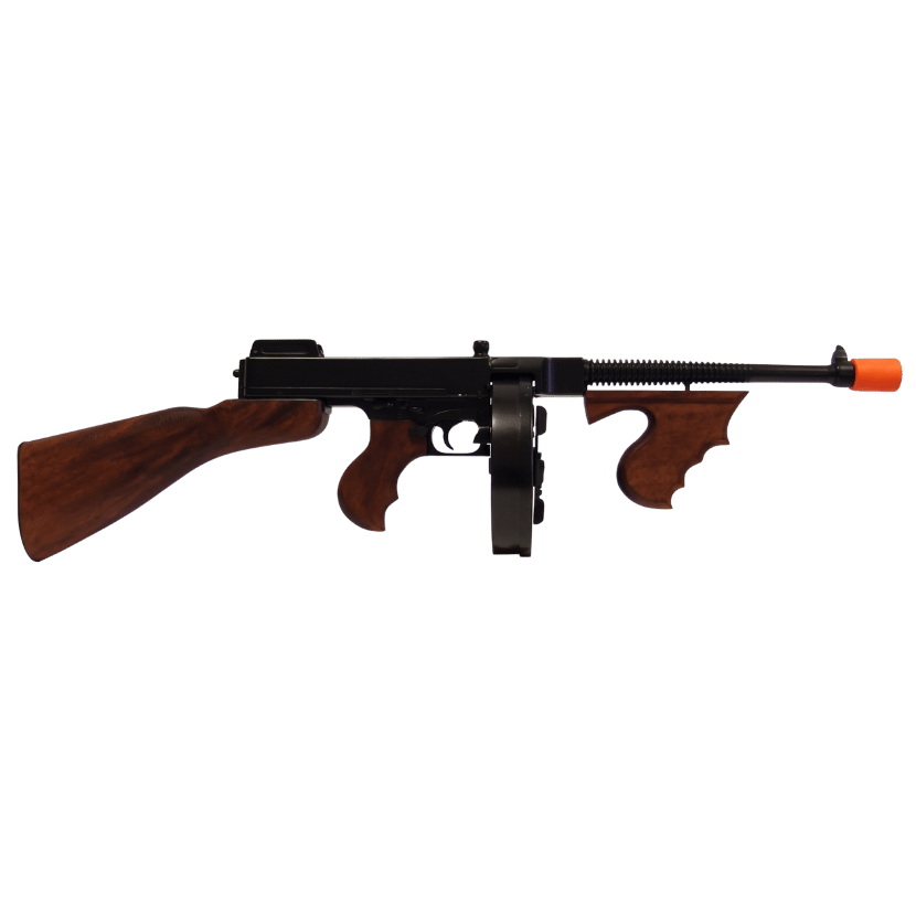 M1928 Thompson Chicago Typewriter replica submachine gun with removable drum magazine and real wood grip. (Capped Muzzle)