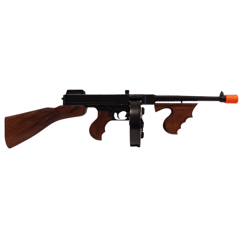 M1928 Thompson Chicago Typewriter replica submachine gun with removable drum magazine and real wood grip. (Capped Muzzle)