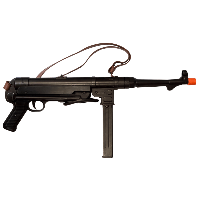 MP40 non-firing replica submachine gun with under-folding stock and leather sling on display. (Capped Muzzle)