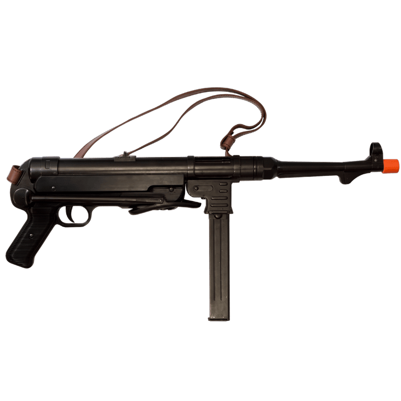 MP40 non-firing replica submachine gun with under-folding stock and leather sling on display. (Capped Muzzle)
