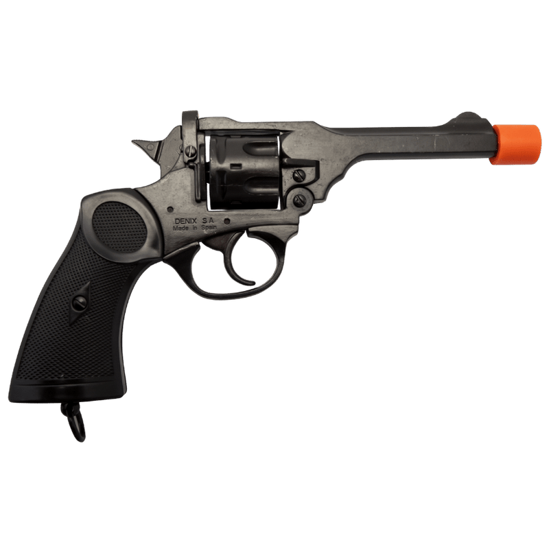 An MK4 revolver pistol in black and dark gray, open cylinder with a textured grip. (Capped Muzzle)