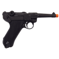 Luger Parabellum P-08 replica in black, featuring a textured grip and a bright red tip. (Capped Muzzle)