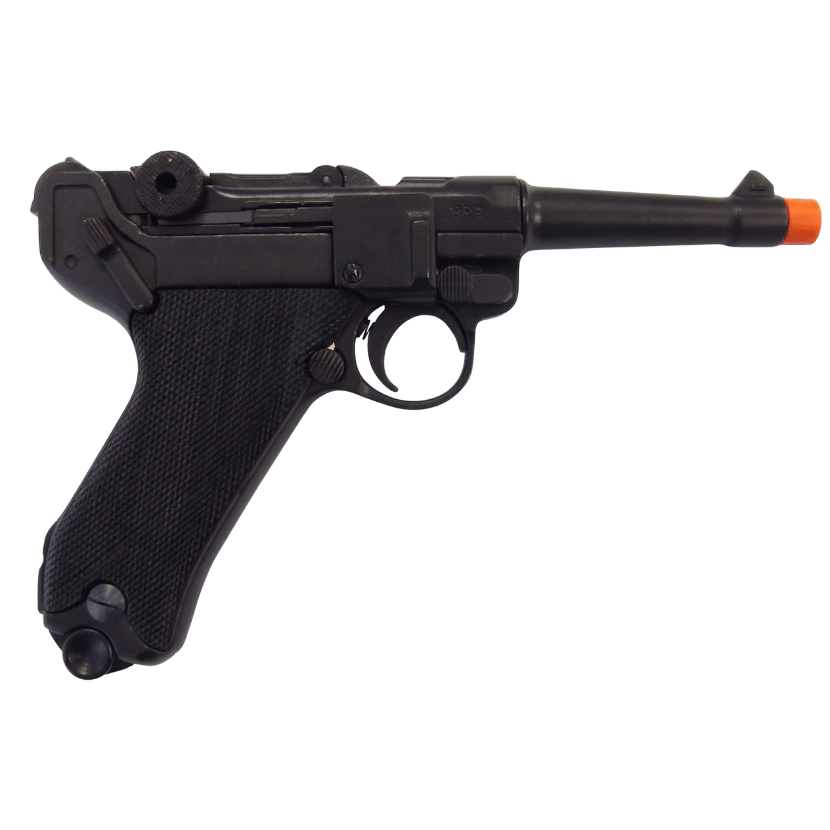 Luger Parabellum P-08 replica in black, featuring a textured grip and a bright red tip. (Capped Muzzle)