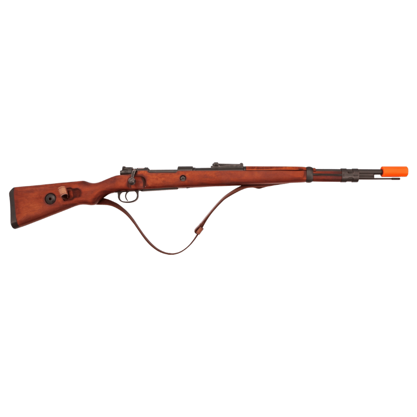 Mauser 98K Carbine replica rifle showcasing the authentic wood stock, working metal bolt action, and included leather sling. (Capped Muzzle)