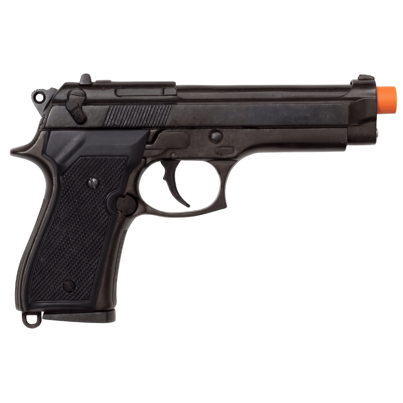 A black semi-automatic pistol, resembling a compact M92 Berretta 9mm replica, with textured grip and a black slide. (Capped Muzzle)