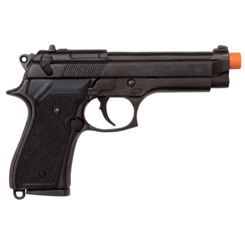 A black semi-automatic pistol, resembling a compact M92 Berretta 9mm replica, with textured grip and a black slide. (Capped Muzzle)