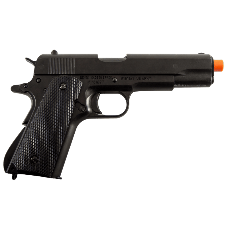 Colt M1911A1 Replica .45 in black finish, featuring a classic semi-automatic pistol design with dark metal detailing. (Capped Muzzle)